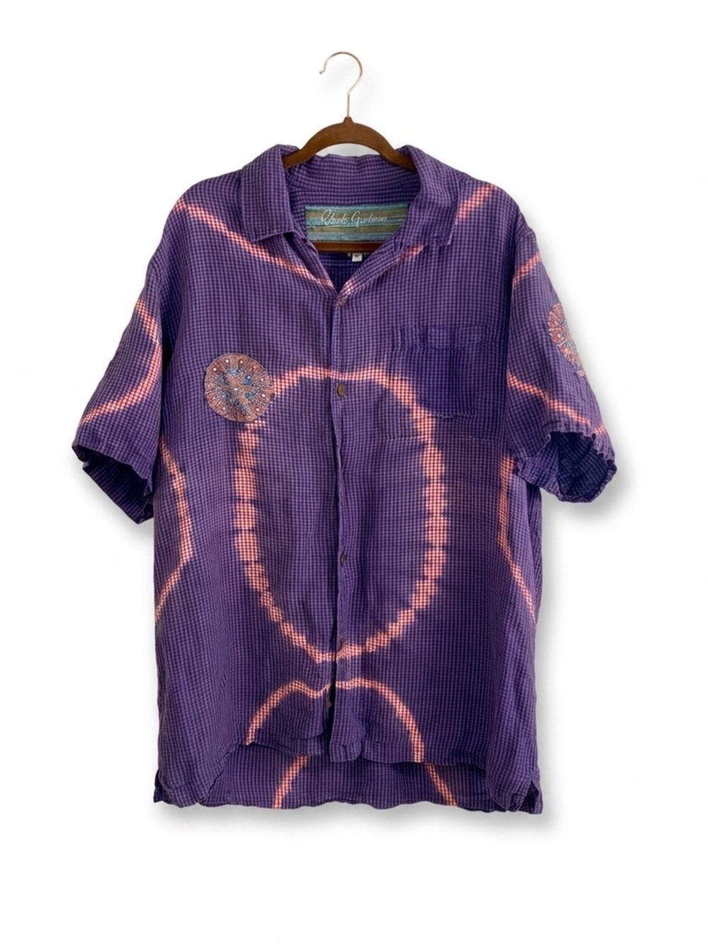 Robert Graham XL Purple‎ Tie Dye Gingham Shirt Mandala Embroidered Linen Blend